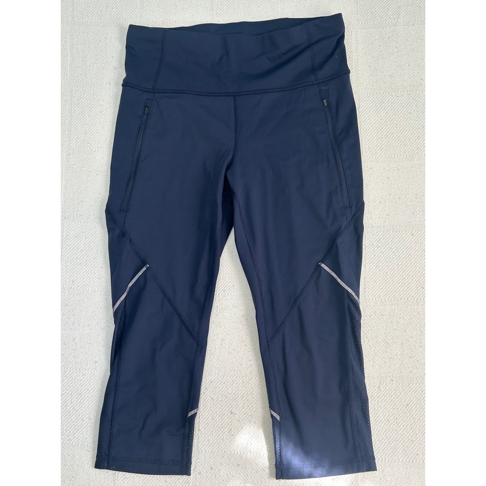 Xersion Quick-Dri Navy Blue Capri Leggings Zipper Pockets Mesh Trim Womens Large